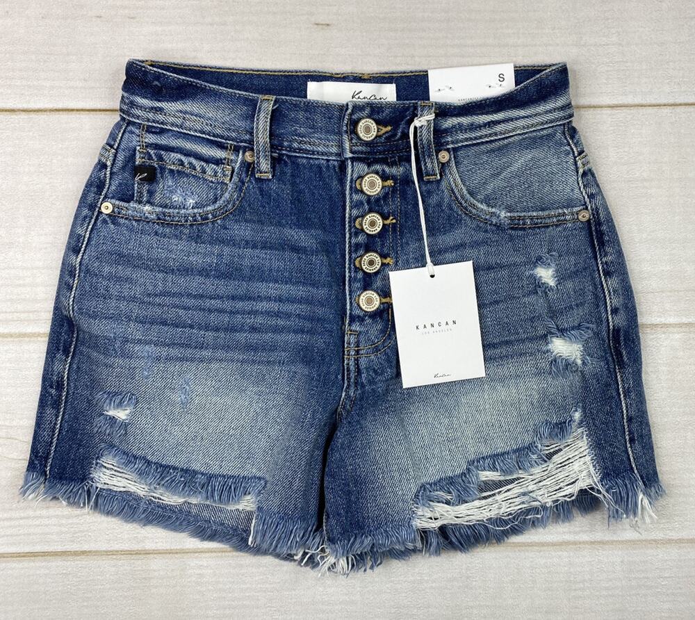 KanCan Shorts Womens Sz S Dark Wash Denim Distressed High Rise Button Fly NWT